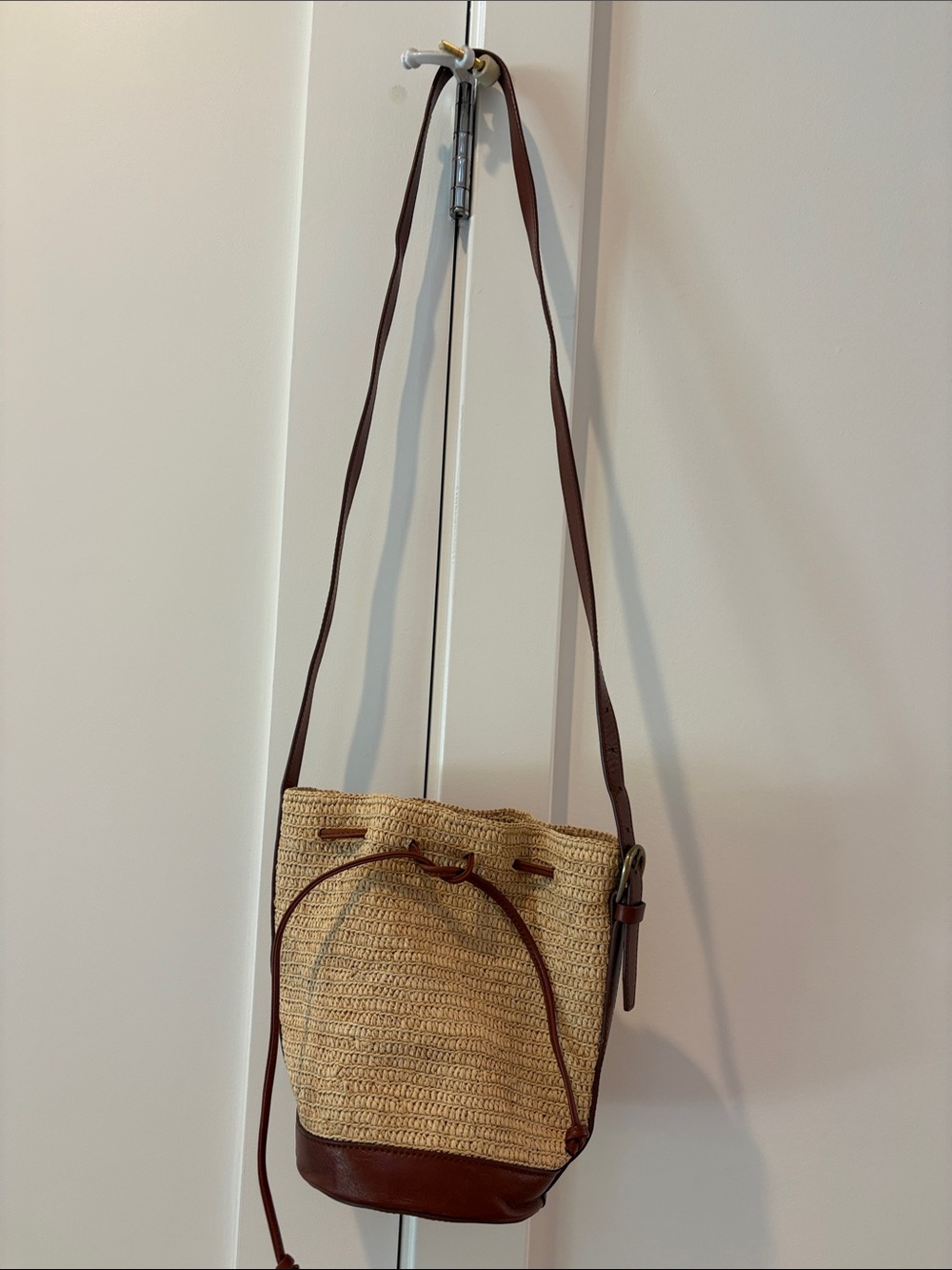 Sezane Woven Straw Bucket Crossbody Bag with Brown Leather Trim